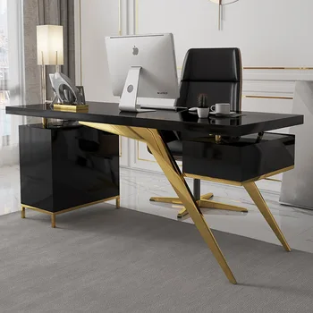 Луксозен компютърна маса от неръждаема стомана със златист цвят, работно бюро за домашния офис, комплект мебели