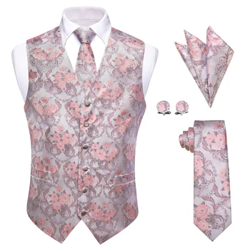 Луксозен копринен мъжки смокинг, жилетка с розови цветя принтом, бизнес вратовръзка ширина 8 см, квадратни копчета за ръкавели за парти на булката