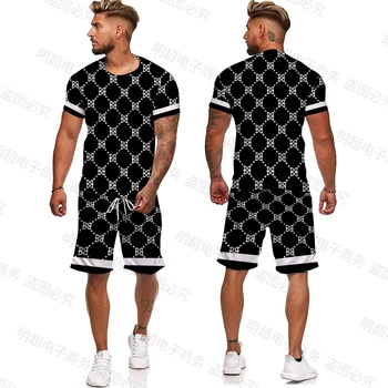 Луксозен мъжки спортен костюм с 3D принтом, мъжки дрехи оверсайз, тениска, къси панталони, комплекти за градинска дрехи, мъжки t-shirt, летен плажен комплект