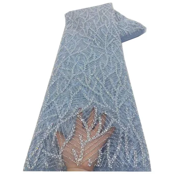 Луксозна африканска лейси плат с тежки мъниста 2023, високо качество, на 5 ярда, нигерийски пайети, френски тюл, текстилен материал за сватбени партита 