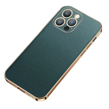 Луксозна метална рамка + кожена делото за Iphone 13 Pro Max, бизнес джоб, тънък луксозен калъф за предпазване на обектива от падане