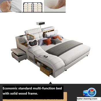 Луксозна модерна бяла, мебели за главната спалня, Кожена легло с високоговорител, USB-зарядно, Масажна легло, столче за съхранение King Size, торцевая легло