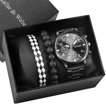 Луксозни 3 бр. комплект часа-гривни за мъже, спорт, бизнес, стоманена каишка, кварцов часовник подарък кутия осъществяване Relogio Masculino