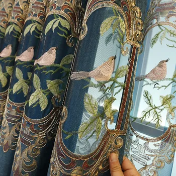 Луксозни пердета с бродерия птици за всекидневната, китайски класически нюанси от шенилна, синьо-кафяви щори за прозорци