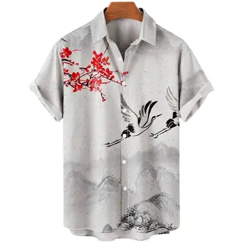 Лятна мъжка риза на цветчета, китайска риза с къс ръкав, мъжки бързосъхнеща тениска, за мъже