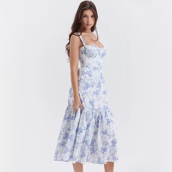 Лятна рокля midi на тънки спагети презрамки 2023, елегантно ежедневно празнична рокля с флорални принтом и джоб, дамски дрехи