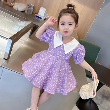 Лято модерни рокли с пищни ръкави и цветен печат за малки момичета, памучно свободното си много пищни рокля