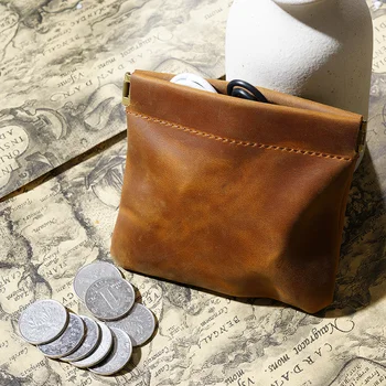 Малък портфейл за монети от естествена кожа с автоматично затваряне, държач за карти, ретро чанта за съхранение, кожен калъф за ключове Crazy Horse на Едро