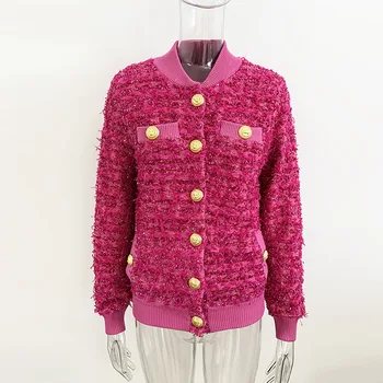 Мода 2023, есенно-зимна твидовая яке, дамски вязаная яке-бомбер със пусна бутони и пайети, расшитая пайети