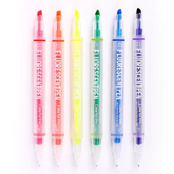 Модерен 6-цветна писалка-светлини с двойна глава за студентски художествен изготвяне, маркиране, ученически и офис-канцеларски материали Kawaii