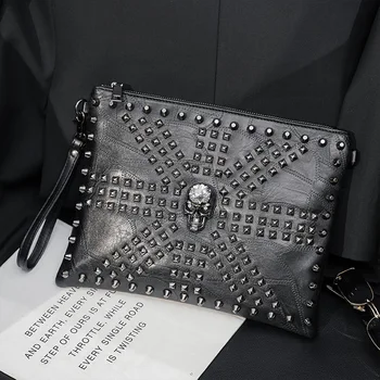 Модерен мъжки клатч с нитове, торбичка за китката, чанта през рамо, мъжки клатчи от мека изкуствена кожа, чанти, портфейли, плик за файлове с формат А4, чанта за ръце