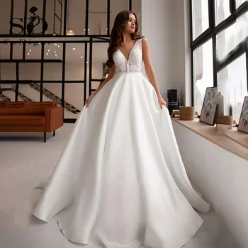 Модерна сватбена рокля SoDigne с V-образно деколте, без ръкави, дантелени сватбени рокли трапецовидна форма, плажни сатен сватбени рокли по поръчка, Robe De Mariee