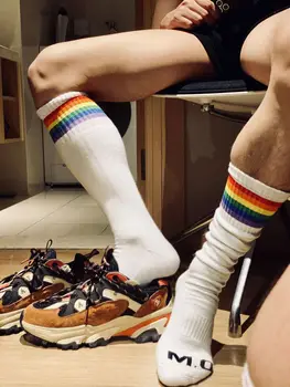 Модни бели чорапи с розови горна част и дъното на партита, гей-сексуалните мъжки спортни чорапи с дълга тръба, градинска дрехи, шарени чорапи, удобни