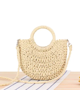 Модни сламена чанта за преносим сламена чанта през рамо за жени е идеален за плаж, почивка и пазаруване