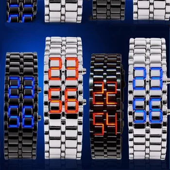 Модни черни изцяло метална цифров часовник Lava, мъжки червени/сини led часовник с дисплей, мъжки часовници, подаръци за момчета, спортни творчески часовници