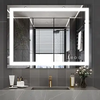 монтиране на led огледало за баня 32x24 инча с регулируема яркост 3000 К-6000 К, Противотуманное, Осветено Огледало за баня с интелигентни чувствителни на допир бутон, Me