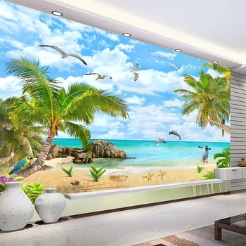 Морски пейзаж, кокосова палма, пясъчен плаж, 3D фотообои за всекидневната, интериор на спални, водоустойчив самозалепващи стикер, рисувани стенни