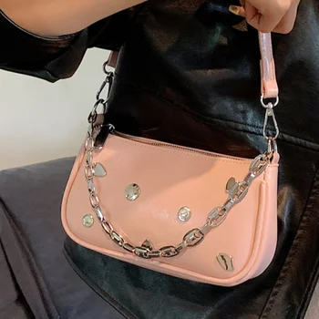 Моторен дизайн, женски малко клатч, дамски чанти, дамски чанти през рамо с нитове, чанта през рамо от изкуствена кожа, готина чанта за момичета под мишниците