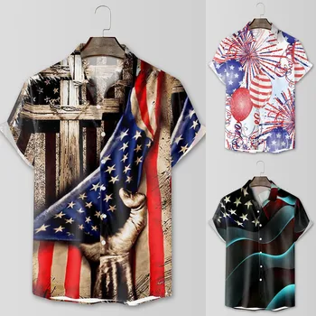 Мъжка мода Флаг за почивка, 3D дигитален печат, бутон с ревери, риза с къс ръкав, свободна пуговица