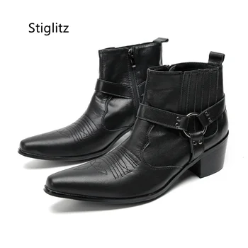 Мъжки ботильоны с каишка и катарама в ретро стил на среден ток, черни мъжки обувки от естествена кожа, лаконичная защитни обувки за работа