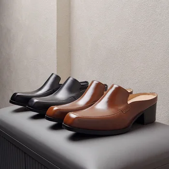 Мъжки кожени обувки на висок ток 5 см, чехли луксозен качество от естествена кожа, летни нови дизайнерски бизнес сандали 2023, мъжки