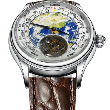 Мъжки Механичен Часовник Globe Earth Tourbillon Seagull ST8000 Механизъм 3D Емайла син сапфир Циферблат 1963 Мъжки Часовници От кожа на Алигатор