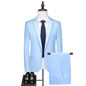 Мъжки сватбен костюм (Сако + панталон, Модерен бизнес случайни блейзър тънък размер, професионален британски монофонични блейзър, комплект от две части