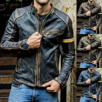 Мъжко кожено яке, европейската и американската мъжки дрехи, мъжки младежта яке с висока яка в стил пънк, мъжки мотоциклетът кожено яке