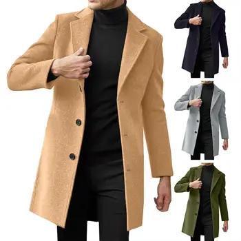 Мъжко палто с дълъг ръкав, Стилни Вълнени палта със средна дължина за мъже с яка-лацканом, Однобортный Дизайн, Странични джобове, Зима