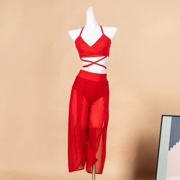 Надежда и победа 2023, най-новият дамски дрехи за танци на един стълб, класически топ с широки панталони с цепки, сексуална клубни дамски дрехи за партита, червен