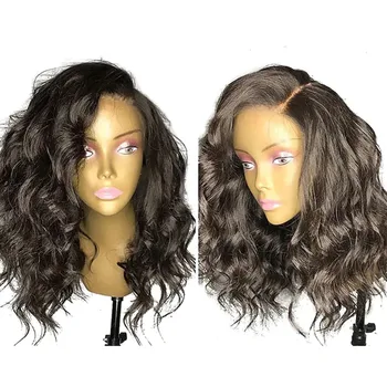 Натурален черен # 1Б Синтетични косми е Дълъг вълнообразни перука Женски перуки със странична част от Перука с Бретон