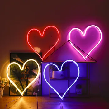Неонова реклама във формата на сърце, монтиран на стената лампа за сватба, украса спални, домашно парти, захранва от USB, празничен коледен декор на закрито