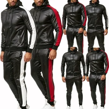 Нов мъжки комплект от изкуствена кожа, всекидневни спортен костюм, сако и панталони, които свързват спортни костюми