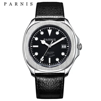 Нов прием на Parnis 40 мм черен циферблат Автоматичен механичен мъжки часовник Календар кожена каишка сапфировые луксозни часовници reloj hombre