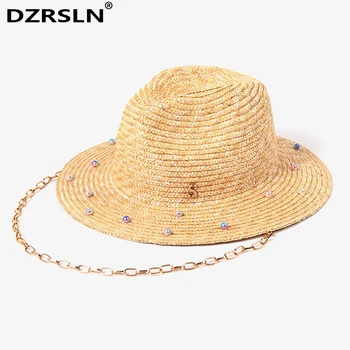 Нов стил, луксозен дизайн, перлена сламена шапка за жени, градинска елегантна сватбена шапка от слънцето, модни плажната панама, регулируем