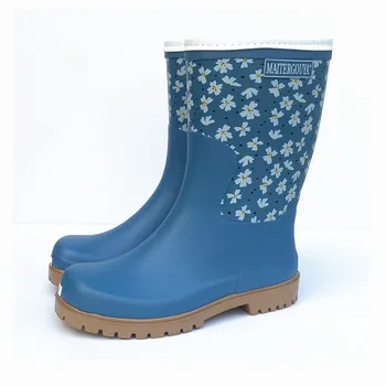 Нови дамски модни непромокаеми ботуши до средата на прасците с цветен модел, водоустойчив каучук непромокаеми обувки, дамски водоустойчив обувки, гумени ботуши