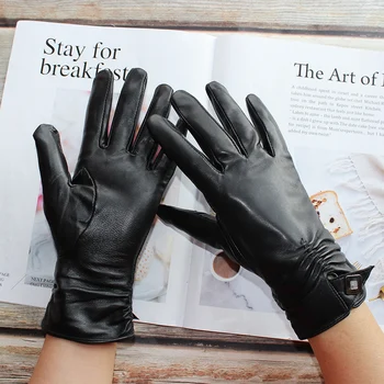 Нови дамски модни черни кожени ръкавици, два вида вътрешна подплата, зимните студени и топли модерни ръкавици от овча кожа