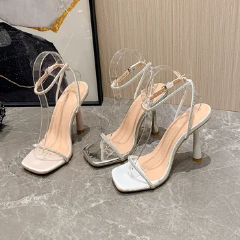 Нови дамски сандали на висок ток с отворени пръсти и квадратни пръсти в римския уличном стил, пикантен дамски обувки на висок ток с односложной тока и каишка, сребрист дамски обувки на висок ток