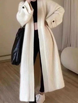 Нови корейски модни дамски пуловери 2023, есенно-зимни дрехи, женски обикновен дълъг вязаный жилетка, палто, блузи с дълъг ръкав, трико