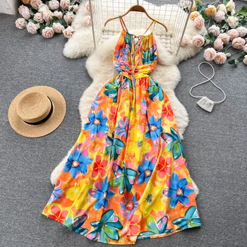 Ново модно винтажное рокля-комбинация с V-образно деколте и цветисти принтом, дамски секси дрехи за почивка на плажа, без ръкави, празнична рокля J770