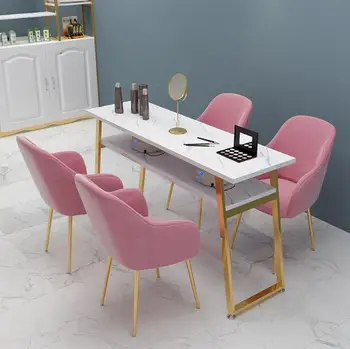 Ноктите маса и комплект столове с имитация на текстури мрамор в скандинавски стил, маса за маникюрного салон, двоен салон за маса