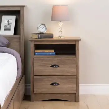 Нощно шкафче за спалня Sonoma с 2 чекмеджета, висока, с отворен рафт, сив цвят