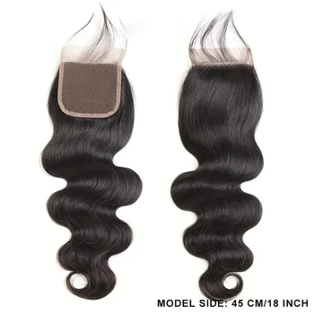 Обемна вълна 4x4, лейси закопчалки, свободна част, необработени бразилски коси, закриване на 150 плътност, натурален черен цвят 10-22 инча