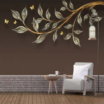 Обичай 3D стенни тапети за хола с ръчно рисувани, релефни под формата на златни листа, на фона с птици и цветя, хартия за домашен декор