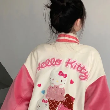 Облекло Hello Kitty Y2k за момичета Луксозен дизайн Бродерия Розово яке с бейзболна яке модно палто дамски плюшен hoody