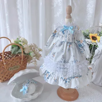 Облекло за кукли BJD подходящ за размера на 1/3 1/4 1/6 Blythe, бяло и синьо дантелено малка рокля с дълги ръкави и цветен модел, с аксесоари за кукли