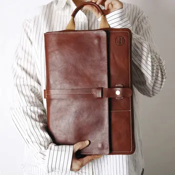 Оригиналната многофункционална бизнес чанта за лаптоп от естествена телешка кожа, ръчен труд за лаптоп 13-15 см с дръжка