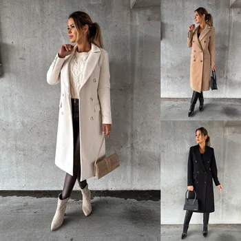 Палто дамско 2023 Модно Двубортное Вълна палто с дълги ръкави Есенно-Зимния Зимно палто Qomwn Jacket
