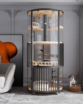 Панорамна котешка вила 360 ° котешка клетка стъклен котешки шкаф луксозно котешки гнездо с тоалетна котешки къща от масивно дърво