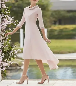 Перлено розова вечерна рокля с висока засаждане 2022 за жени, елегантни колиета от скъпоценни камъни, Пищни рокля за абитуриентски бал с къс ръкав, Vestidos Robe De Soiree